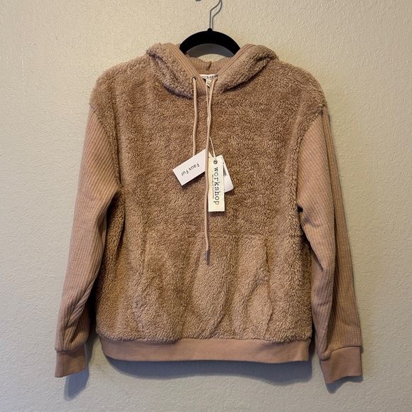 Workshop Republic Clothing Tops - Workshop Republic Clothing Tan Faux Fur Hoodie